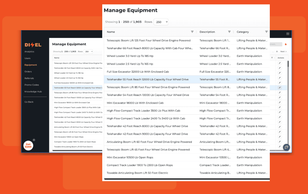 Dizel provider dashboard — list and manage equipment